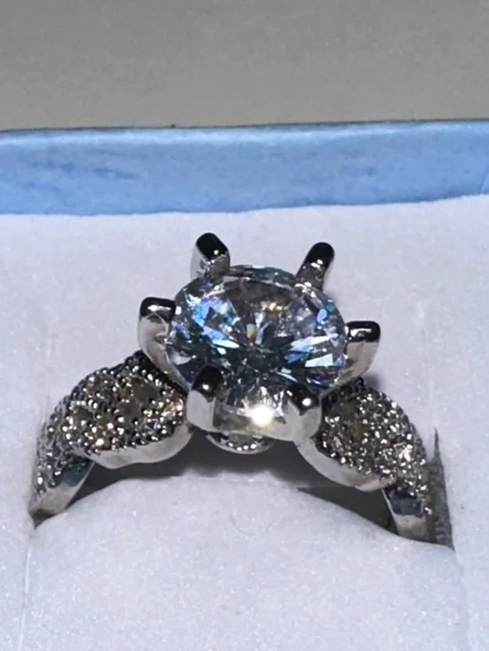 Sterling Silver Clear Crystal Engagement Ring - Sparkling Solitaire Style - Picture 2 of 3